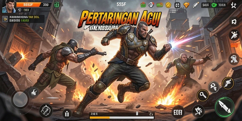 Tampilan permainan seru dari 555F dengan karakter aksi yang menegangkan.