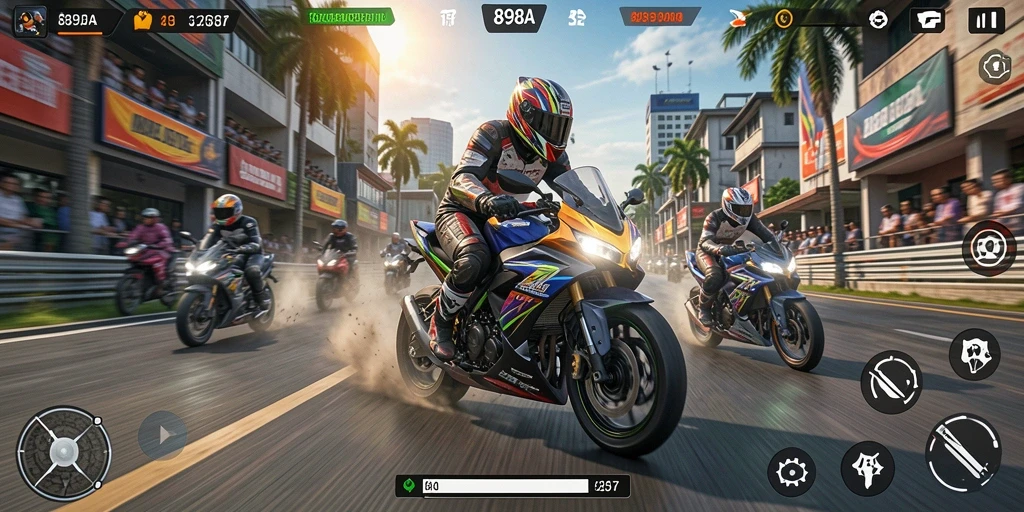 Screenshot utama 898A menampilkan aksi balapan motor yang mendebarkan.