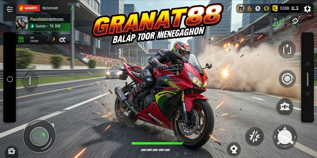Tangkapan layar gameplay <strong>GRANAT88</strong> memperlihatkan balapan motor yang seru dan menantang.